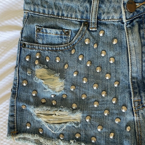 BDG Blue High Rise Distressed Jean Shorts with Studded Details - Picture 3 of 10